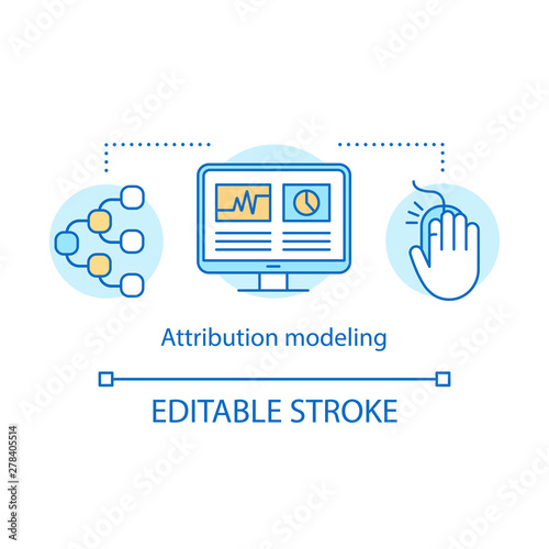 Attribution modeling concept icon. Digital marketing benefit idea thin line illustration. Web analytics, marketing activity, touchpoints. Vector isolated outline drawing. Editable stroke