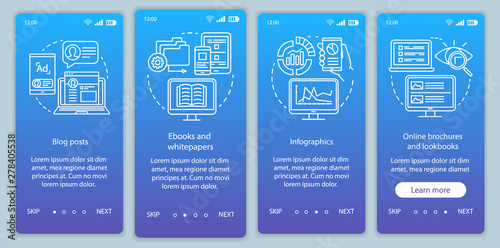 Awareness content blue gradient onboarding mobile app page screen vector template. Blog posts walkthrough website steps with linear illustrations. UX, UI, GUI smartphone interface concept
