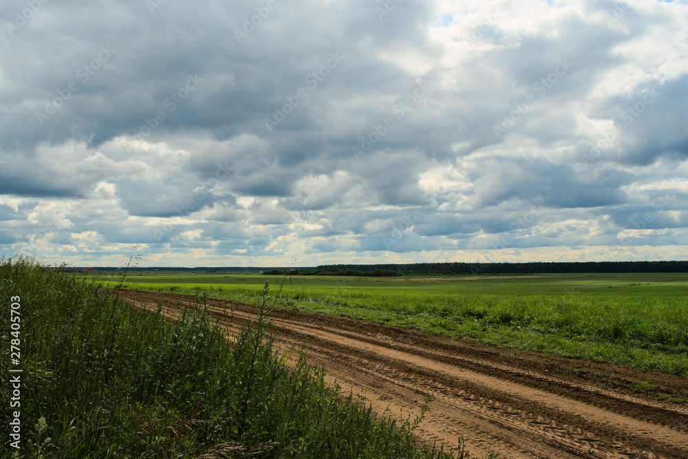 Dirt road, green field and clouds. Rural landscape.