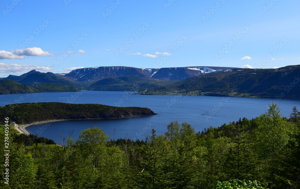 high angle view towards overlooking Norris Point and the Bonne Bay East Arm, scene on the Viking trail, Gros Morne National Park; Newfoundland and Labrador Canada