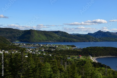 high angle view towards overlooking Norris Point and the Bonne Bay East Arm, scene on the Viking trail, Gros Morne National Park; Newfoundland and Labrador Canada