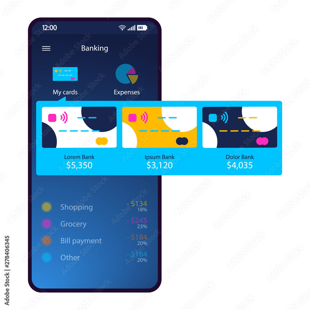 Mobile banking app interface vector template. Smartphone application page  blue layout. Digital wallet screen.Credit card manager, expense tracker.  Flat UI for online payment application. Phone display Stock-Vektorgrafik |  Adobe Stock