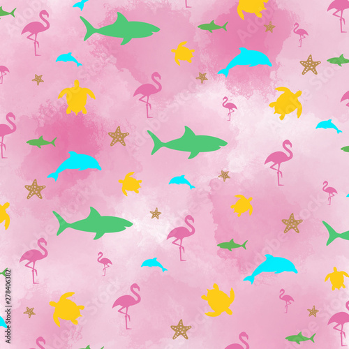 Pink Summer Background, Flamingos, Sharks, Dolphins, Turtles, Pink Watercolor