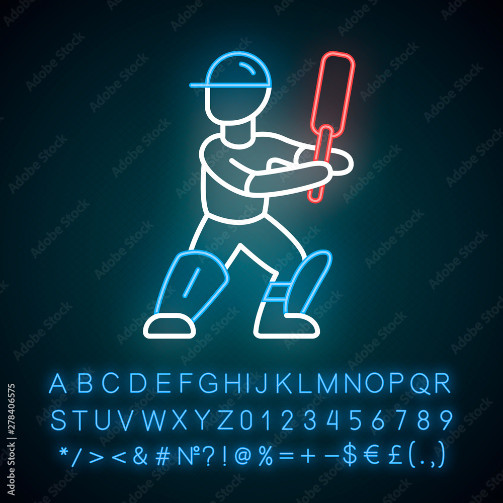 Cricket player neon light icon. Batsman ready to fight off pitch. Cricketer in uniform, leg pads with bat. Team game. Glowing sign with alphabet, numbers and symbols. Vector isolated illustration Cricket player neon light icon. Batsman ready to fight off pitch. Cricketer in uniform, leg pads with bat. Team game. Glowing sign with alphabet, numbers and symbols. Vector isolated illustration