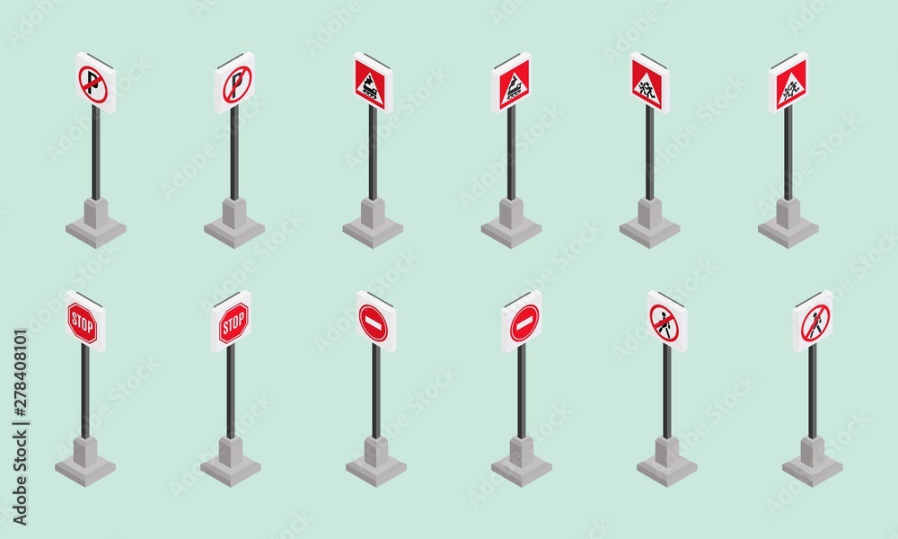 dangerous road signs isometric style news red dangerous road signs isometric style news red