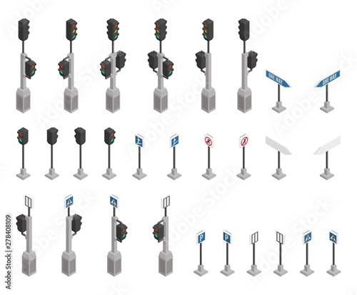 selection of road signs traffic lights isometric