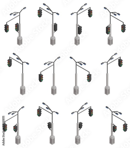 set of suspended traffic lights on poles isometric