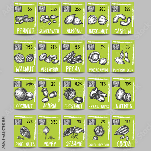 Nuts and seeds price cards templates Vector sketch of almont, peanut, cocoa, cashew and pine. collection for packaging design Hand drawn illustration
