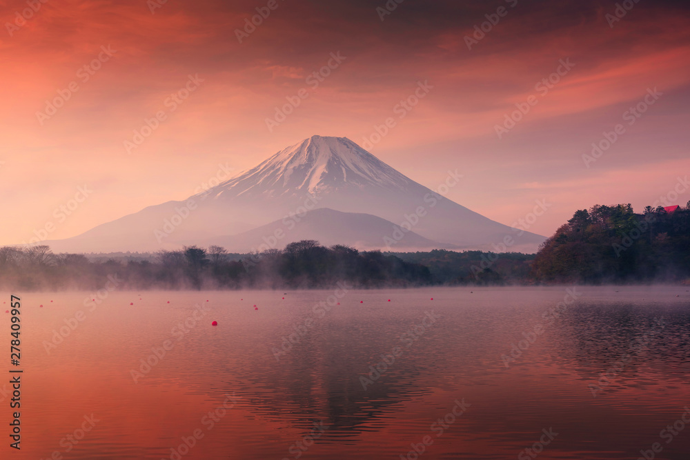 Mountain Fuji and Shoji lake at dawn
