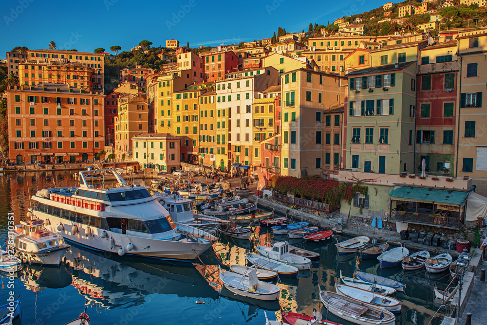 Panoramic view of Camogli town in, Italy.