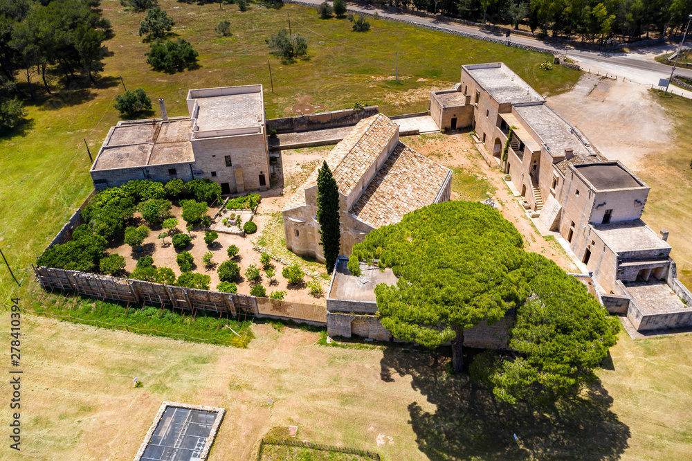 Aerial view, Santa Maria di Cerrate abbey, Lecce, Apulia , Italy, Region Brindisi, June 2019