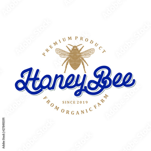 Honey bee logo vintage, label product hand drawn style.