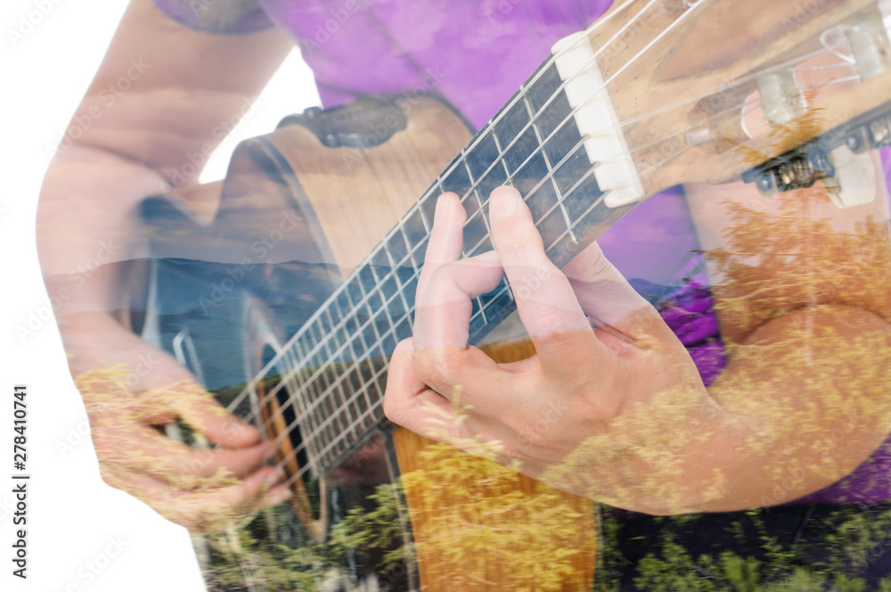 The woman plays an acoustic ckassical guitar close-up, double multiple exposure effect,combined images