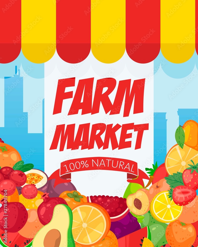 Farmers market poster template with eco organic fruits. Vector ...