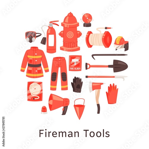 Red fire extinguisher and firefighters tools, uniform and equipment for flame fighting. Fire station amunition. Illustration of equipment safety, extinguisher protection.