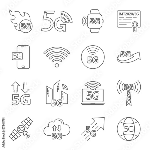 5G internet line icons set. Included icons as IOT, internet of things, bandwidth, signal, devices and more. Editable Stroke. EPS 10.