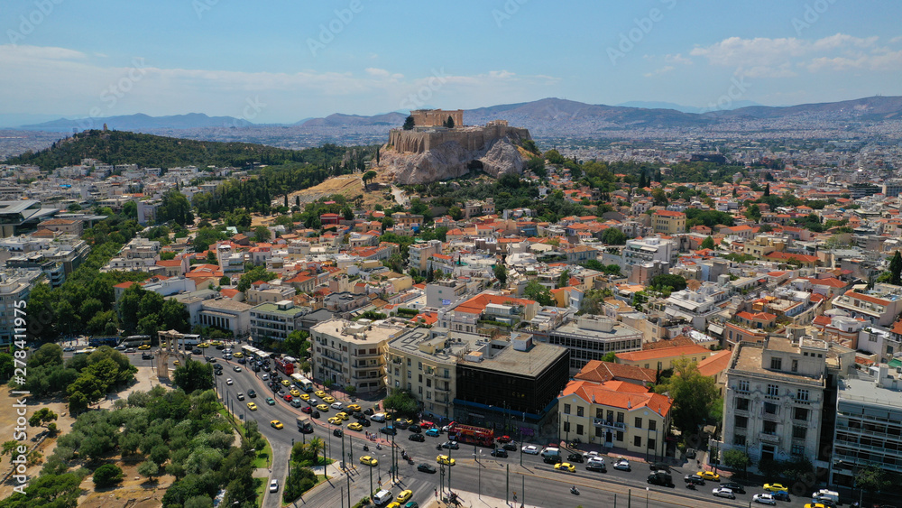 Aerial birds eye view photo taken by drone of iconic Acropolis hill and the Parthenon, Athens historic centre, Attica, Greece