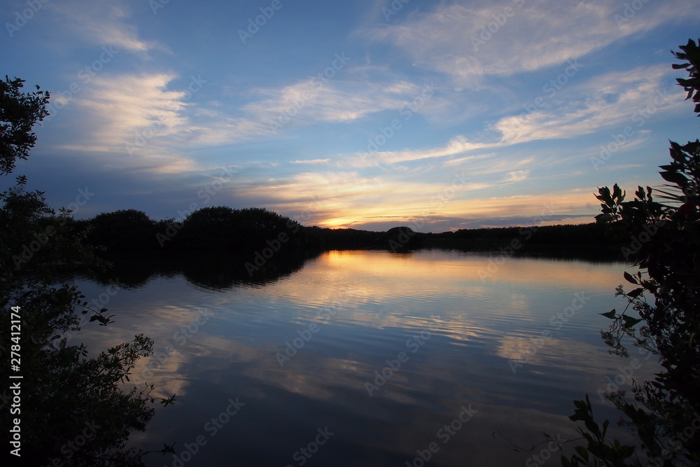 Sunset on Paurotis Pond in Everglades national Park, Florida.