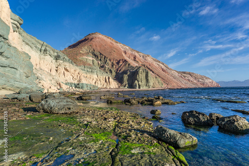 cliff line with multicolored rock formation is the Bay of Cortez, Mexico