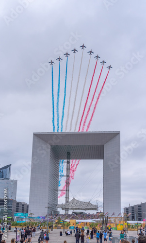 Paris, France - 07 17 2019: Air show of July 14. Alphajet of the patrol of France photo