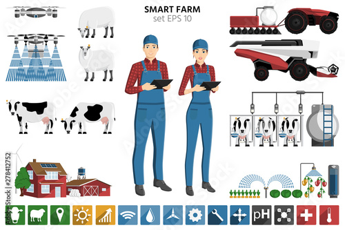 Smart farming set. Modern farmer with digital tablet, autonomous harvester, tractor and drone. Elements for design and infographics. Vector illustration EPS 10	