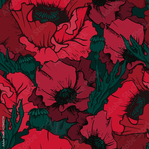 Vintage seamless pattern. Design burgundy and red poppy flowers, poppy head and leaves. Succulent blooming buds in dark colors. Dark background.