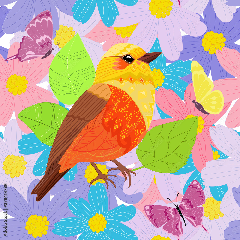 seamless texture with pretty bird in fancy flowers for your desi