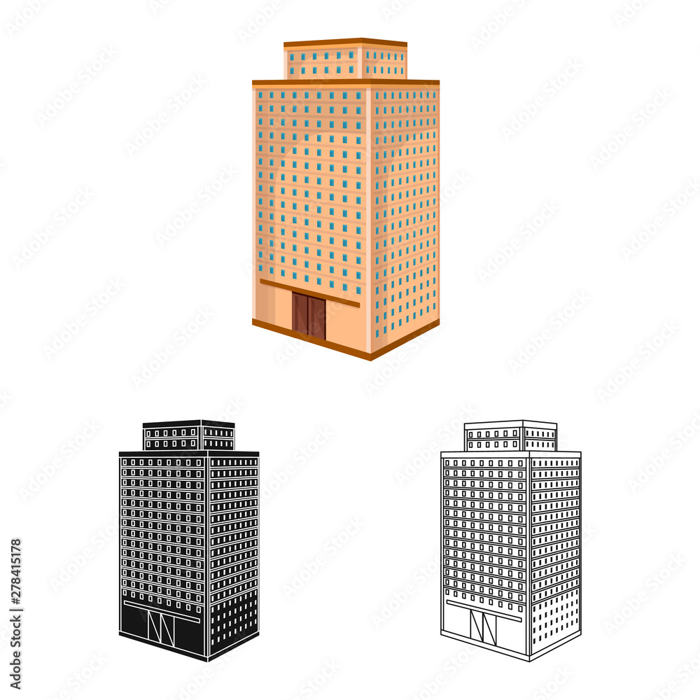 Vector illustration of office and house icon. Set of office and skyscraper stock symbol for web. Vector illustration of office and house icon. Set of office and skyscraper stock symbol for web.