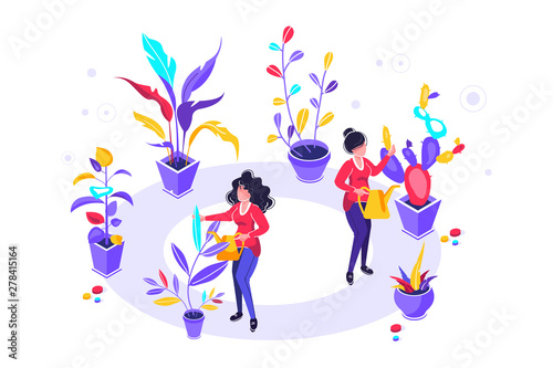 Vector illustration of watering can and flowers on white background, gardeners taking care of the garden, growing and studying plants in nature, clean ecology, garden tools