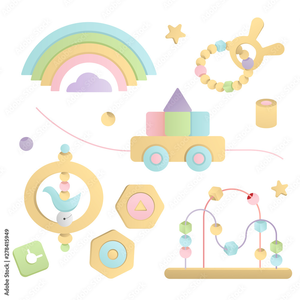 Natural wooden toys for babies consisting of rainbow, bracelet and other objects.