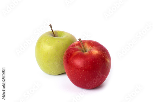 Red and green apple on a white background. Green and red apples juicy on an isolated background. A group of two apples on a white background.