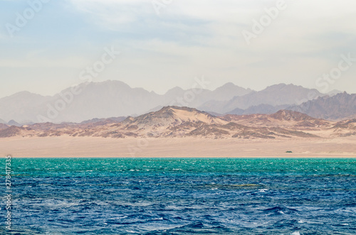 Mountain landscape with blue water in the national park Ras Mohammed, Egypt.