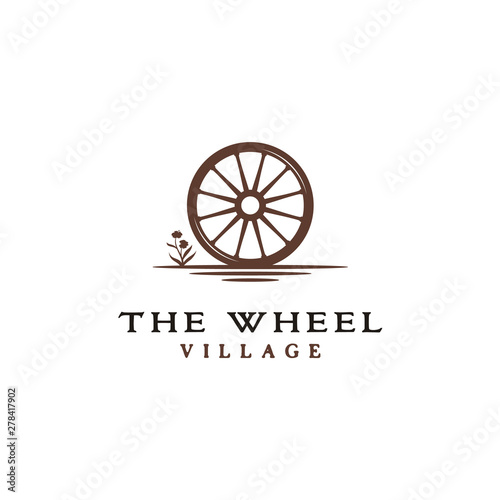 Vintage Old Wooden Wagon Cart Wheel with flower grass Classic logo design