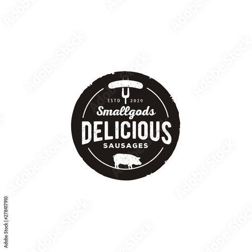 Pig Pork Fork for Vintage Retro Rustic Sausage Meat Label logo design	
