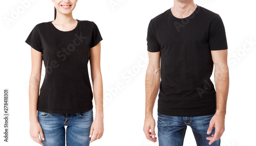 Shirt design and people concept - close up of young man and woman in blank black t-shirt isolated.