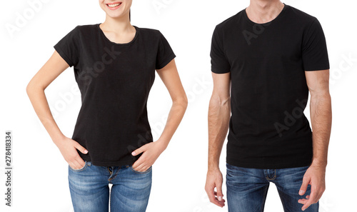 Shirt design and people concept - close up of young man and woman in blank black t-shirt isolated.