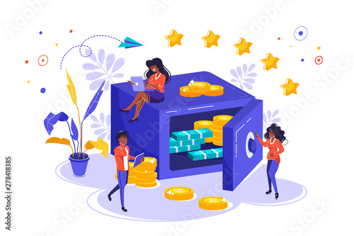 Money saving dollar coins banknotes.Business man holding money. Cash protection concept, bank safe open with dollars in a deposit box and bag, safe deposit. Concept for web site, page, presentation