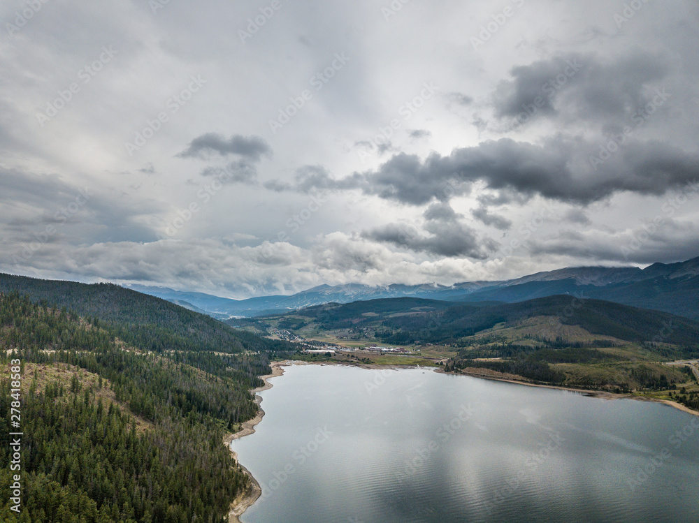 Aerial view of the lake in the Rocky Mountains