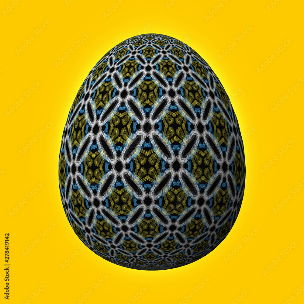 Happy Easter - Frohe Ostern, Artfully designed and colorful easter egg, 3D illustration on yellow background Happy Easter - Frohe Ostern, Artfully designed and colorful easter egg, 3D illustration on yellow background