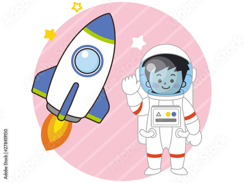 宇宙飛行士の男性とロケット