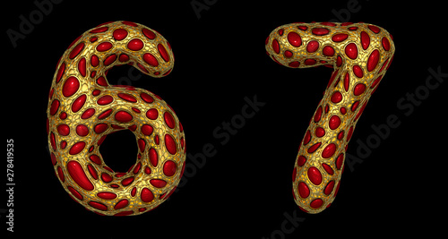 Number set 6, 7 made of realistic 3d render golden shining metallic.