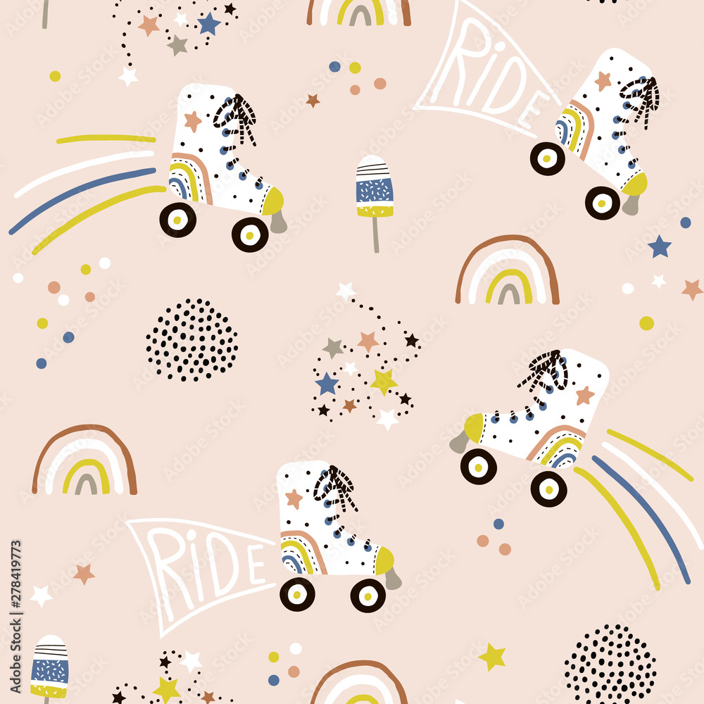 Seamless childish pattern with colorful roller skates. Creative scandinavian style kids texture for fabric, wrapping, textile, wallpaper, apparel. Vector illustration