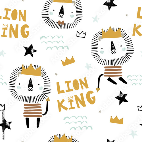 Seamless childish pattern with cute lion king, crowns, stars. Creative scandinavian style kids texture for fabric, wrapping, textile, wallpaper, apparel. Vector illustration