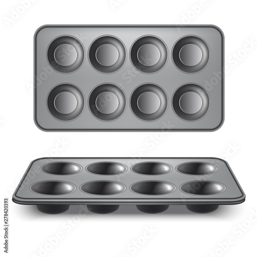 Realistic 3d Detailed Pan for Cupcakes Set. Vector