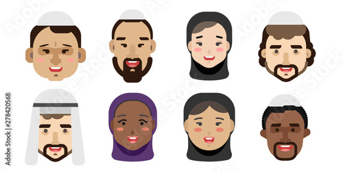 Collection of simple vector illustrations of multiracial and multicultural face avatars. People of different race and nationlities illustrated as characters