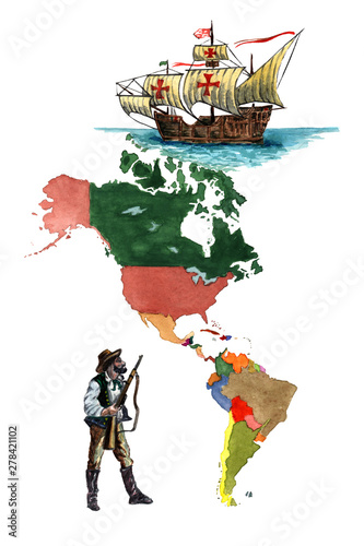 map of America, the Caravel of Christopher Columbus, the North American settler photo