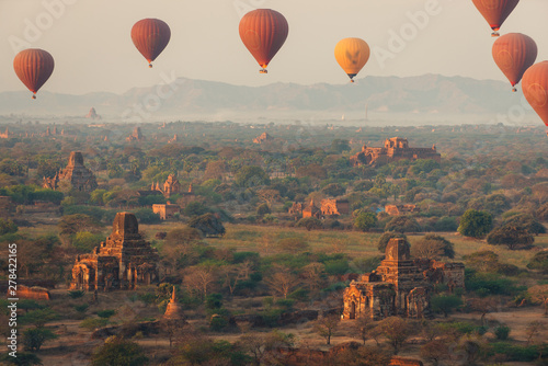 Aeial view of the temple historical site in Bagan, myanmar. Pagodas and buddhist temples in the jungle