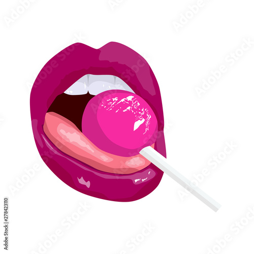 Sensual lips with a Lollipop. Woman licking round sugar candy on stick.  print for T-shirt or tattoo. isolated on white background Stock Vector |  Adobe Stock