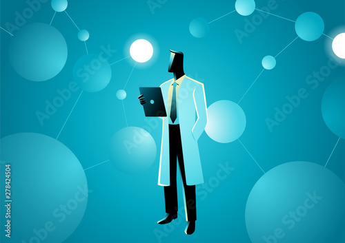 Scientist in lab coat in the middle of artificial neurons