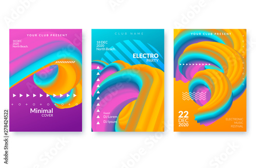 Set of trendy abstract design templates with 3d flow shapes. Dynamic gradient composition. Vector illustration